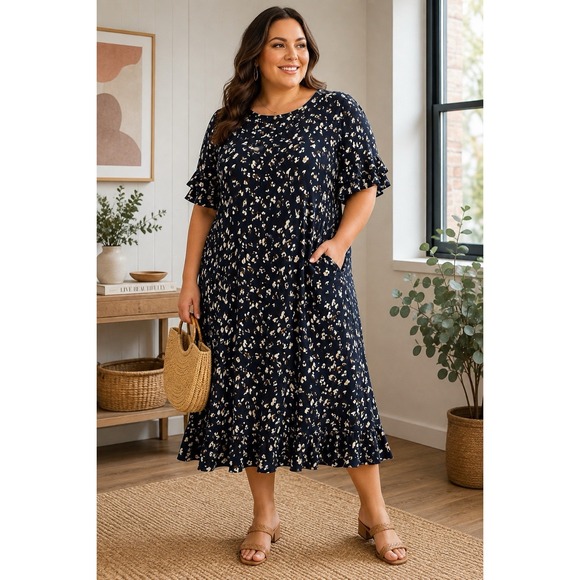 BloomChic Dresses & Skirts - BloomChic Women's 14-16 Navy Abstract Print Ruffle Midi Dress Pockets NWT